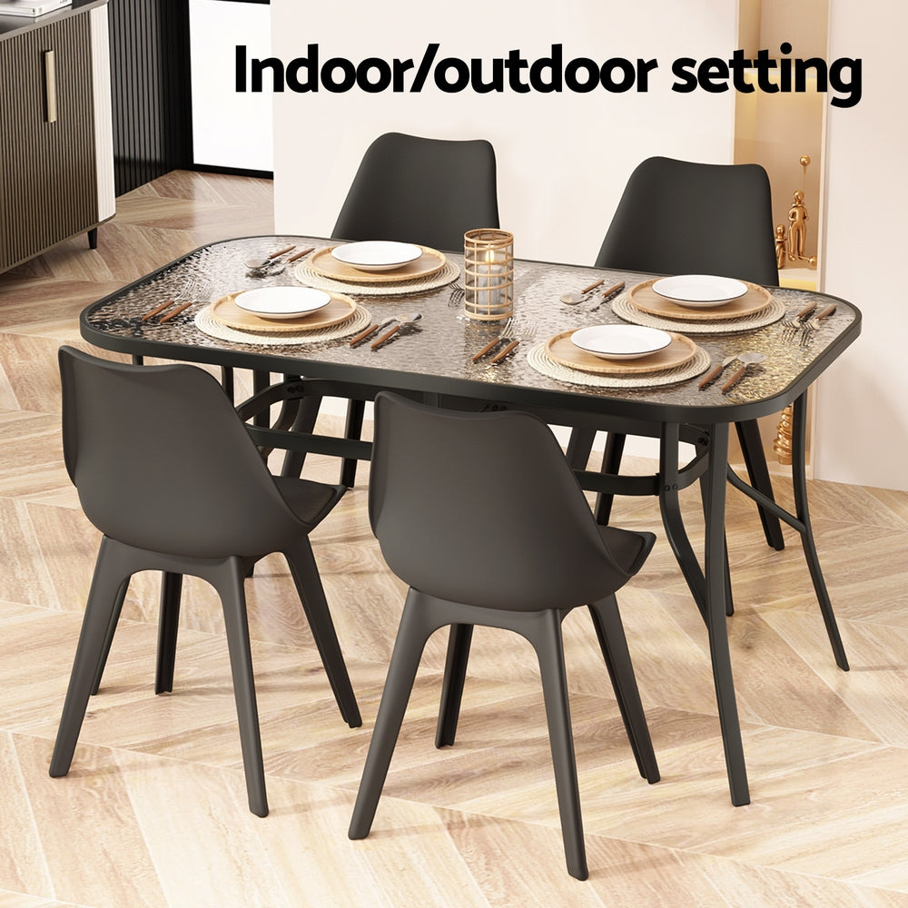 Gardeon 140CM Outdoor Dining Table Steel Frame Tempered Glass Parasol Hole Black